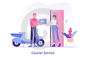 Online fast delivery or courier service concept. Young delivery man or courier delivering a package or box to happy woman with