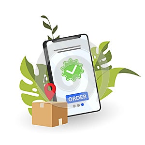 Online fast delivery services buy in E-commerce. Express delivery mobile concept by phone, Delivery package success sent to home.