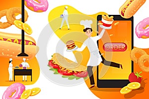 Online fast food order, male female cook character prepare trash foodstuff concept flat vector illustration. Internet