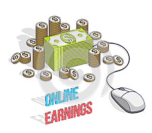 Online finance concept, web payments, internet earnings, online banking, cash money stacks with computer mouse connected to piles