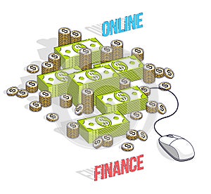 Online finance concept, web payments, internet earnings, online banking, cash money stacks with computer mouse connected to piles