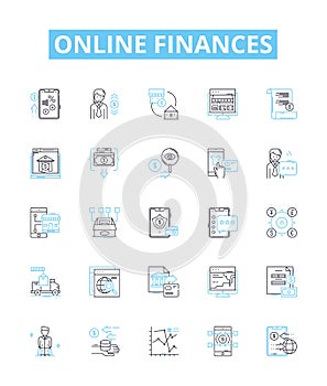 Online finances vector line icons set. Finance, Online, Banking, Savings, Investment, Credit, Loan illustration outline
