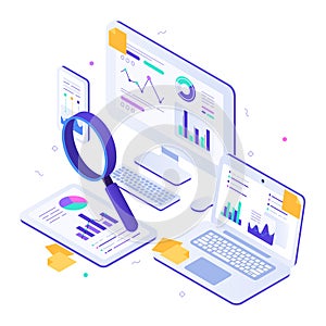 Online financial audit. Isometric website metrics, statistical graphs dashboards and web seo research vector