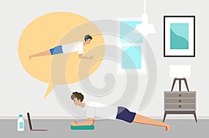 Online fitness concept. Work out via monitor, laptop, tablet. Vector illustration of a man doing bodyweight training in her home