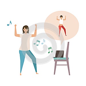 Online fitness concept. Work out via monitor, laptop, tablet. Vector illustration of a woman dancing zumba in her home