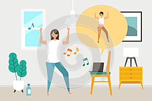 Online fitness concept. Work out via monitor, laptop, tablet. Vector illustration of a woman dancing zumba in her home