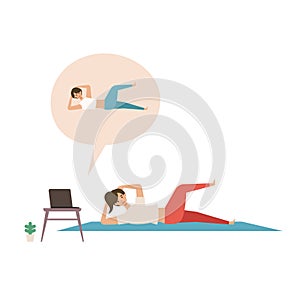 Online fitness concept. Work out via monitor, laptop, tablet. Vector illustration of a woman doing bodyweight training in her home