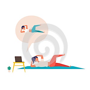 Online fitness concept. Work out via monitor, laptop, tablet. Vector illustration of a woman doing bodyweight training in her home