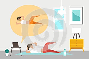 Online fitness concept. Work out via monitor, laptop, tablet. Vector illustration of a woman doing bodyweight training in her home