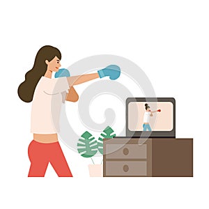 Online fitness concept. Work out via monitor, laptop, tablet. Vector illustration of a woman doing boxercise in her home photo