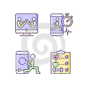 Online fitness wellness programs RGB color icons set.