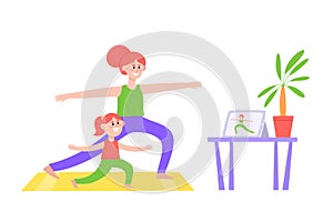 Online fitness workout concept illustration with mom and daugher