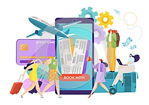 Online flight travel service in smartphone, vector illustration. Flat mobile plane ticket in internet technology app