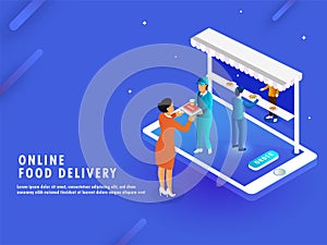 Online Food Delivery concept, isometric view of e-shop or restaurant on smartphone screen, delivery boy delivered the order to th