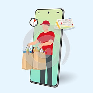 Online food delivery design. Young courier delivering food order. Cartoon vector illustration