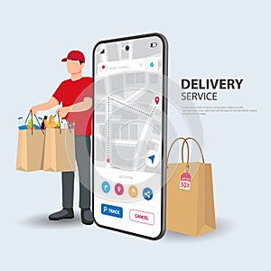 Online food delivery design. Young courier delivering food order with City map route navigation smartphone. Cartoon vector
