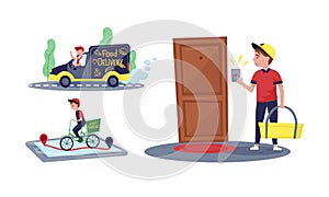 Online Food Delivery Service with Man Courier Distributing Goods to Customers Vector Set