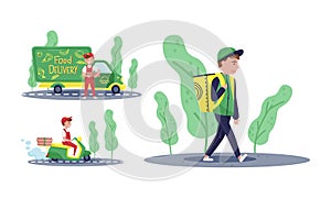 Online Food Delivery Service with Man Courier Distributing Goods to Customers Vector Set