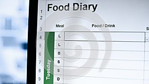 Online food diary table, meals and counting calories, dieting app, nutrition