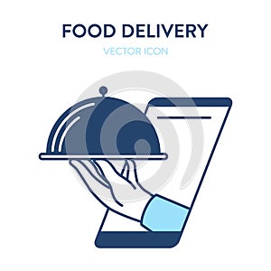 Online food ordering icon. Vector concept illustration of mobile smartphone screen with a metal tray with food in the hand.