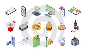 Online food ordering icons set isometric vector. Delivery drink