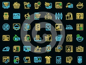 Online food ordering icons set vector neon