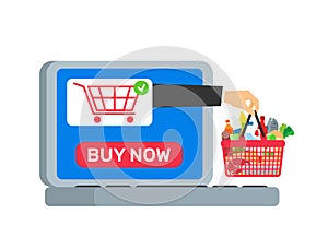 Online food ordering and internet shopping hand with grocery products basket and laptop vector