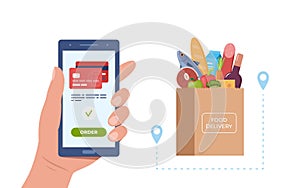 Online food ordering from supermarket using mobile app. Smartphone screen with order button and paper bag icon full of products.