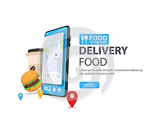 Online food ordering. Vector concept illustration of mobile smartphone screen with Burger and Coffee