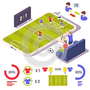 Online football game, vector isometric illustration. Smartphone, fans watching soccer match sitting on sofa.