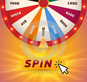 Online fortune wheel slot machine, gambling website vector illustration. Click, spin and win colorful betting