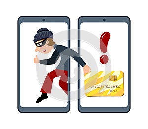 Online fraud. A criminal, a robber in a black mask steal personal information from a computer. The concept of internet