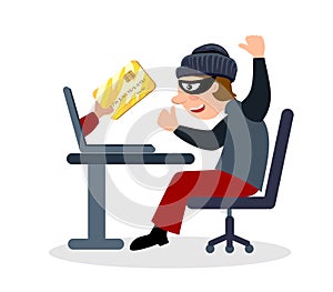 Online fraud. A criminal, a robber in a black mask steal personal information from a computer. The concept of internet