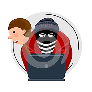 Online fraud. A criminal, a robber in a black mask steal personal information from a computer. The concept of internet