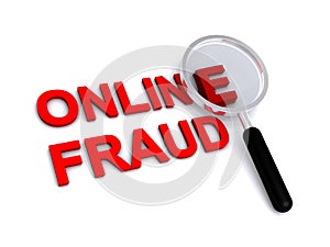 Online fraud with magnifying glass on white