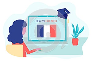 Online French Learning, distance education concept. Language training and courses. Woman student studies foreign languages on a