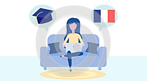 Online French Learning, distance education concept. Language training and courses. Woman student studies foreign languages on a
