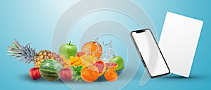 Online Fresh Marketing Ideas on Blue Background. Fruit and Vegetable Fresh Market on Mobile. food delivery on smartphones photo