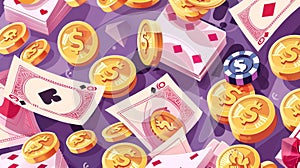 Online gambling banner with poker cards and money illustration. Lottery, jackpot, bet win banner with cartoon aces, gold
