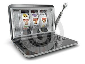 Online gambling concept. Laptop slot machine