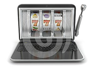 Online gambling concept. Laptop slot machine.