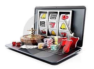 Online gambling concept. Roulette table, playing cards, casino chips standing on laptop computer. 3D illustration