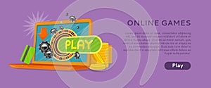 Online Games Banner Laptop Casino Roulette Wheel