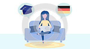 Online German Learning, distance education concept. Language training and courses. Woman student studies foreign languages on a