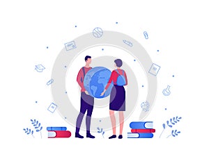 Online global education concept. Vector flat person illustration. Couple of student man and woman with backpack hold planet Earth