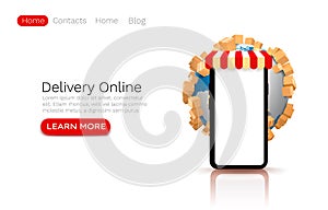 Online global store, app mobile shipping, web site banner services. Vector