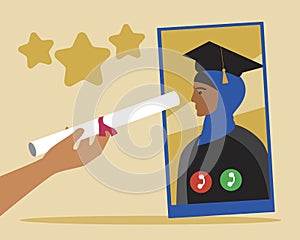 Online graduation, graduate islamic woman, flat vector stock illustration with graduate with diploma in hijab online communication