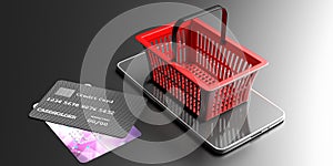 Online grocery shopping concept, Credit cards, shopping basket and smartphone isolated on black background. 3d illustration