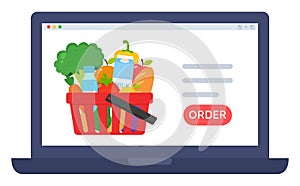 Online grocery shopping concept. Laptop screen with product basket and order button.