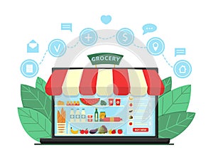 Online Grocery Shopping Concept. Supermarket in laptop with online ordering and delivery icons. E-commerce online store. Shop